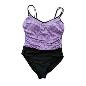 Trimshaper Swimsuit One Piece Purple Black Polka Dot Bathing Suit‎. Size 14